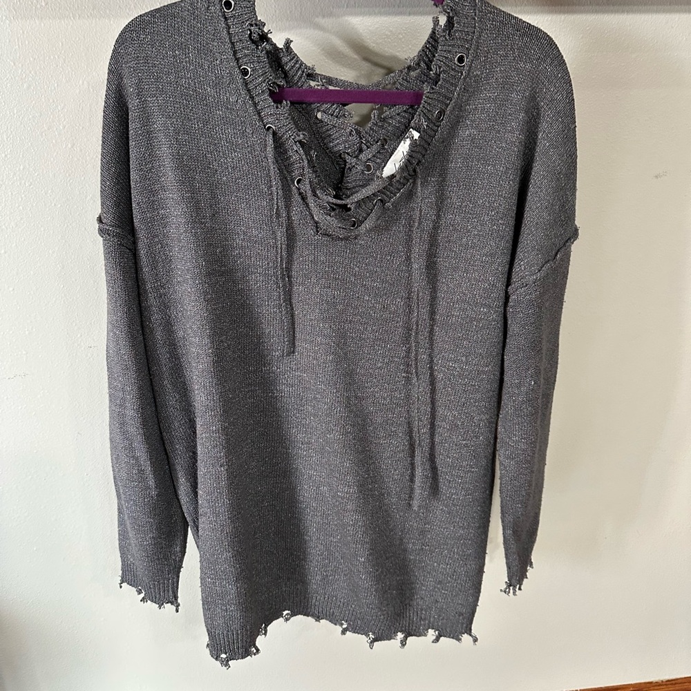 Gray Distressed Knit Sweater